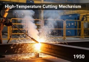 Thermal lance cutting through steel in industrial thermodynamics application.