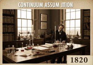 Researcher studying fluid dynamics in a 19th-century laboratory, focusing on continuum assumption.