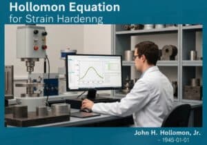 Researcher analyzing the Hollomon equation in a materials science lab for plastic deformation modeling.