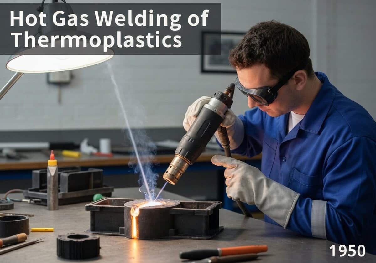 Technician welding thermoplastics using hot gas in a workshop setting.