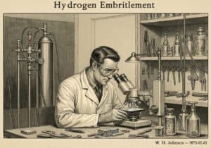 Metallurgist analyzing high-strength steel for hydrogen embrittlement in materials science.