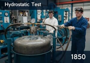 Hydrostatic testing apparatus for pressure vessels in materials science.