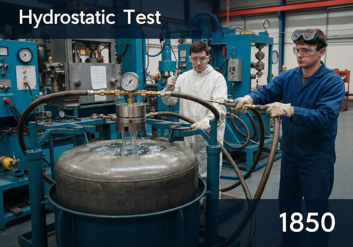 Hydrostatic testing apparatus for pressure vessels in materials science.