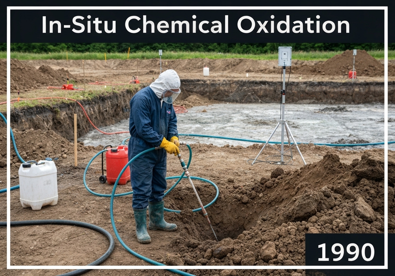 Field technician performing in-situ chemical oxidation for environmental remediation of pollutants.