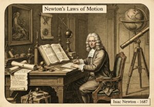 Isaac Newton studying classical mechanics in a historical setting.
