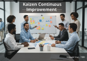Team collaboration in a modern office focused on Kaizen continuous improvement methodologies.