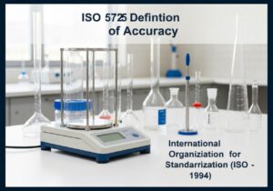 Precision balance scale and calibrated glassware in a laboratory for metrology applications.