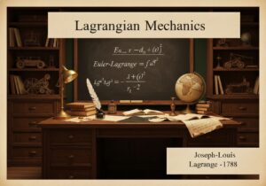 Study room with Lagrangian mechanics equations and mechanical models, showcasing physics applications.