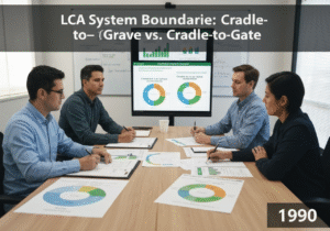 Environmental engineers discussing Life Cycle Assessment methodologies in an office.