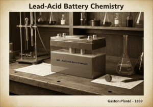Lead-acid battery with lead anode and lead dioxide cathode in a historical lab setting.