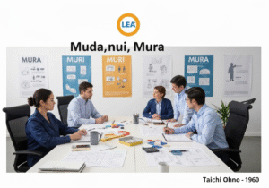 Engineers collaborating on lean manufacturing principles in an industrial office.