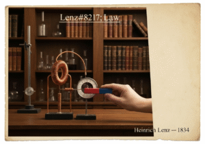 Laboratory setup demonstrating Lenz's Law with copper coil and galvanometer.