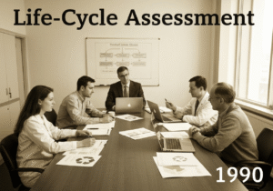 Environmental scientists conducting Life-Cycle Assessment in an office setting.