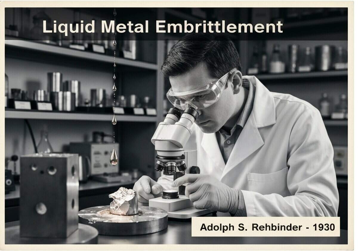 Materials scientist analyzing metal fracture due to liquid metal embrittlement in a laboratory.