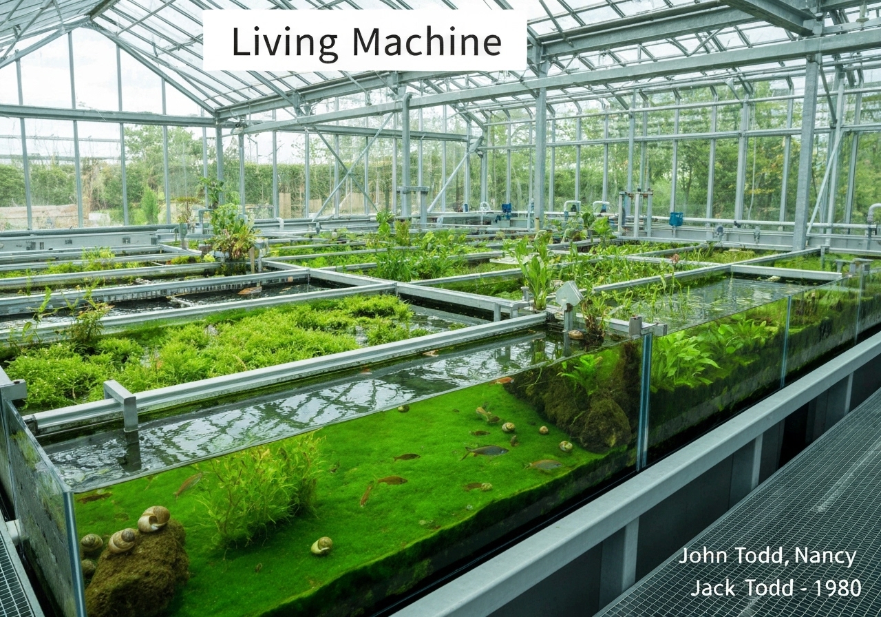 Ecological wastewater treatment system with diverse ecosystems for water purification.