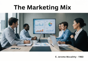 Marketing team analyzing the 4Ps framework in a modern office setting.