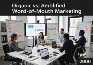 Marketing professionals discussing organic and amplified word-of-mouth strategies in a modern office.
