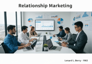 Marketing professionals collaborating on relationship marketing strategies in an office.