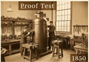Pressure vessel undergoing proof test in a 1850 materials testing laboratory.