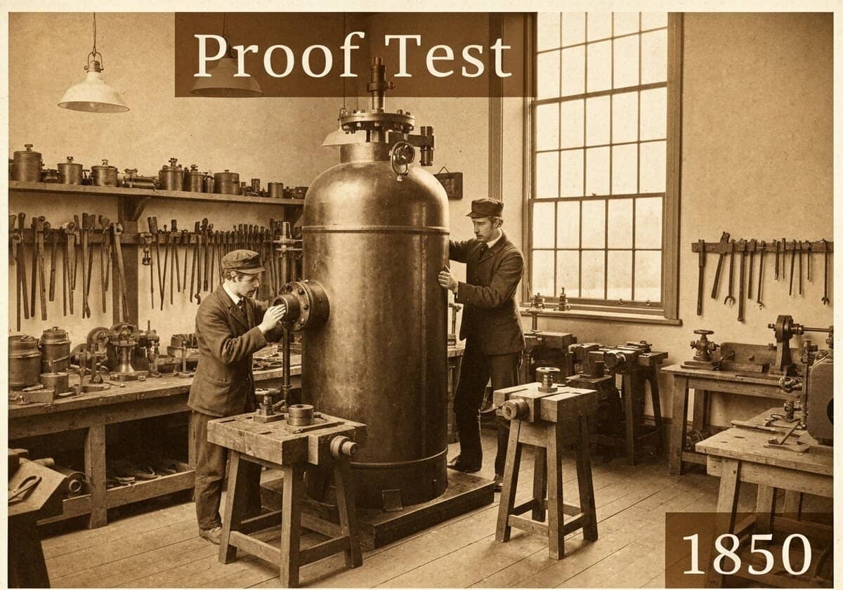 Pressure vessel undergoing proof test in a 1850 materials testing laboratory.