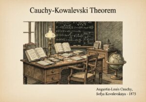 Study room of mathematicians Cauchy and Kovalevski with analysis books and equations.