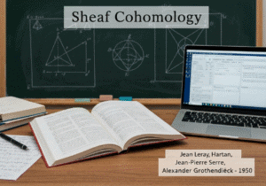 Mathematician's workspace focused on sheaf cohomology with textbooks and notes.