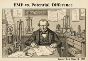 Historical laboratory scene with James Clerk Maxwell studying electromotive force and electric potential difference.