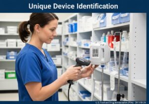 Medical device identification system with UDI barcode in hospital setting.