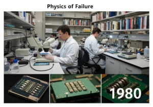 Engineers analyzing microelectronic components for thermal fatigue and electromigration.