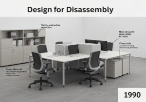 Modular office furniture designed for disassembly and reuse in industrial design.