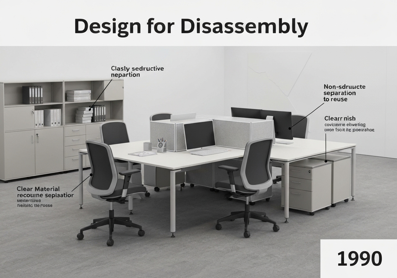 Modular office furniture designed for disassembly and reuse in industrial design.