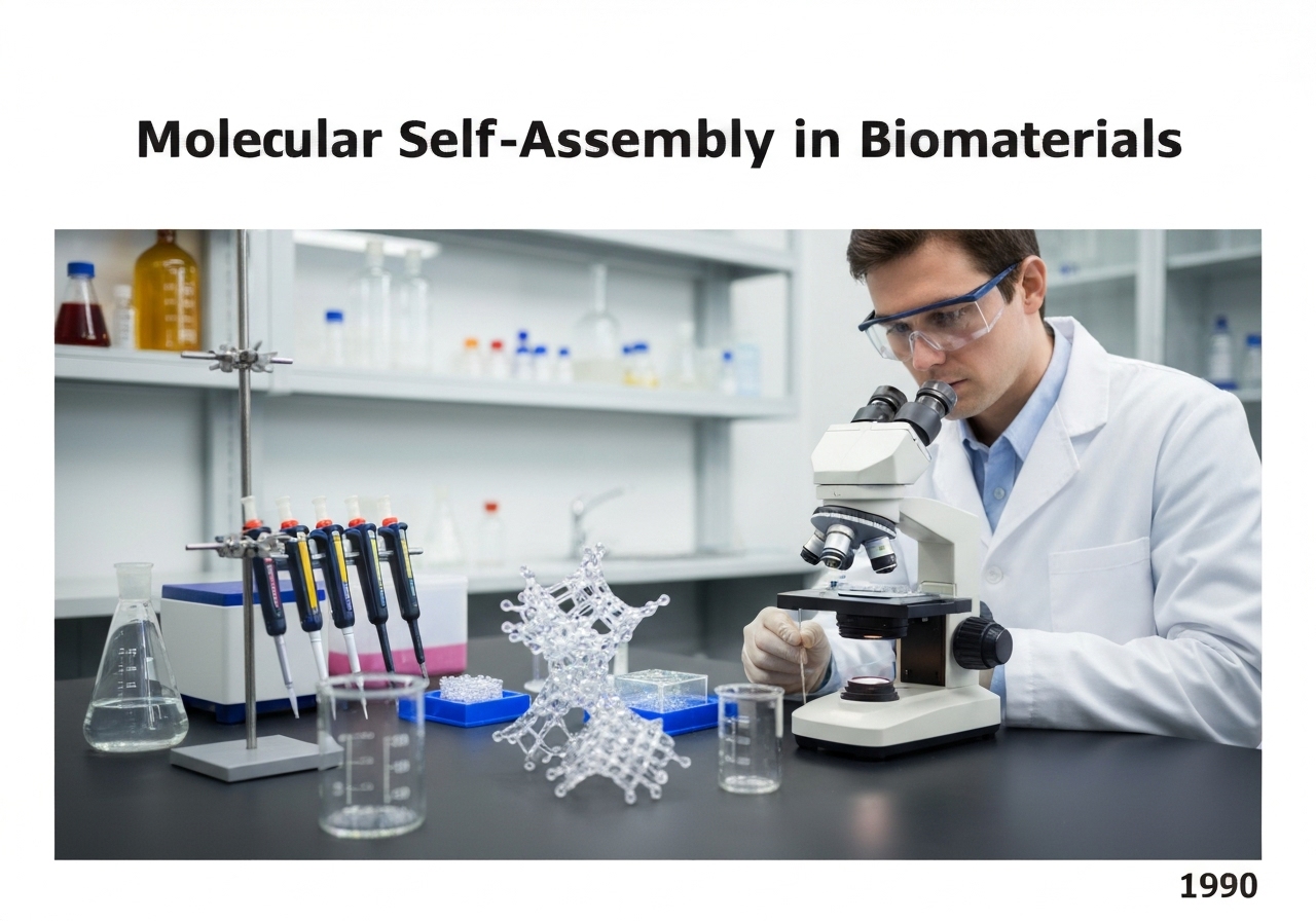 Laboratory scene demonstrating molecular self-assembly in biomaterials for biomedical applications.