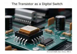 MOSFET transistor on circuit board in electronics laboratory.