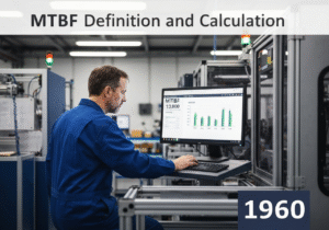 Systems engineer analyzing MTBF metrics in a manufacturing facility for predictive maintenance.