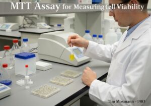 Scientist performing MTT assay in a cell biology laboratory for assessing cell viability.