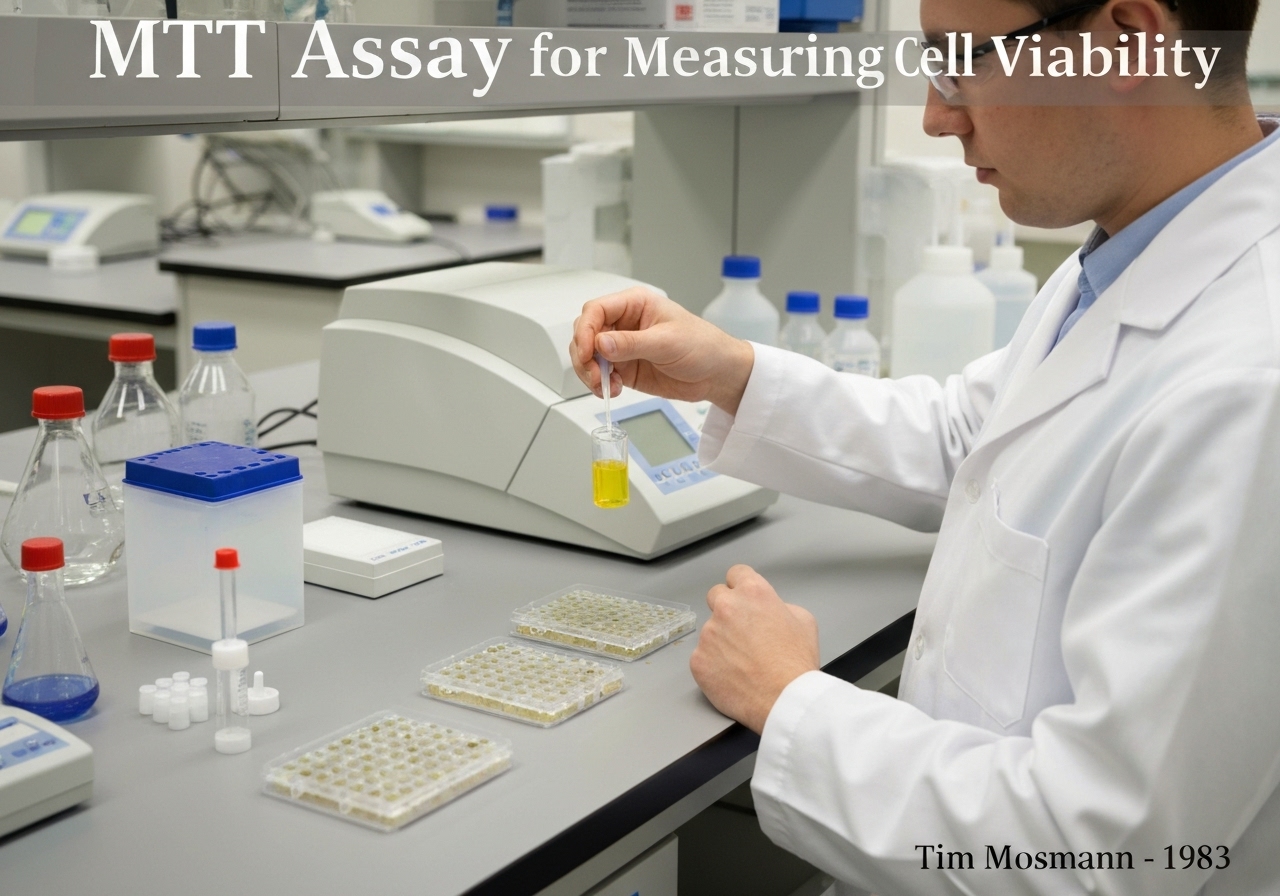 Scientist performing MTT assay in a cell biology laboratory for assessing cell viability.
