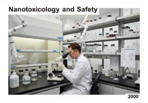 Laboratory scene with a scientist studying nanoparticles for safety assessments in nanotoxicology.