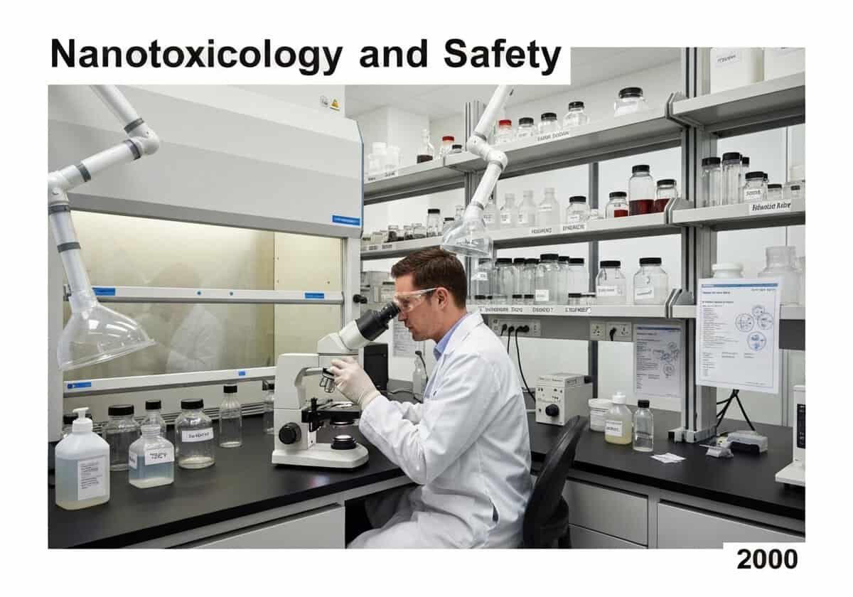 Laboratory scene with a scientist studying nanoparticles for safety assessments in nanotoxicology.