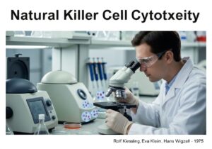 Natural Killer cells in a laboratory setting, examining cytotoxicity mechanisms.