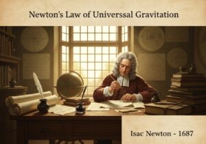Isaac Newton calculating gravitational forces in a historical laboratory setting.
