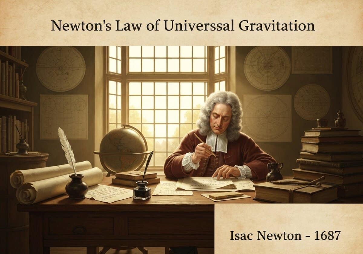 Isaac Newton calculant les forces gravitationnelles dans un laboratoire historique.