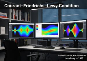Computational fluid dynamics simulation workstation demonstrating CFL condition in numerical analysis.