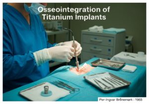 Surgical placement of titanium dental implant demonstrating osseointegration in biomedical engineering.