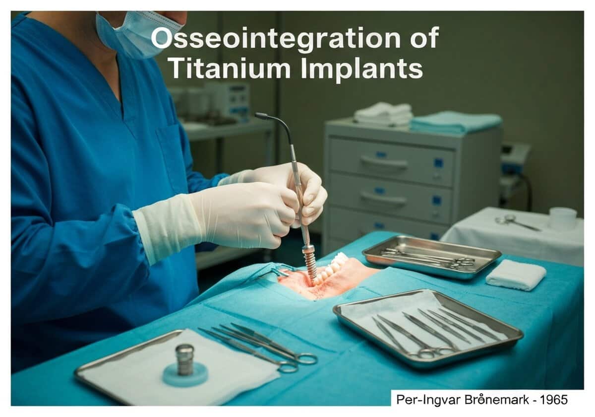 Surgical placement of titanium dental implant demonstrating osseointegration in biomedical engineering.