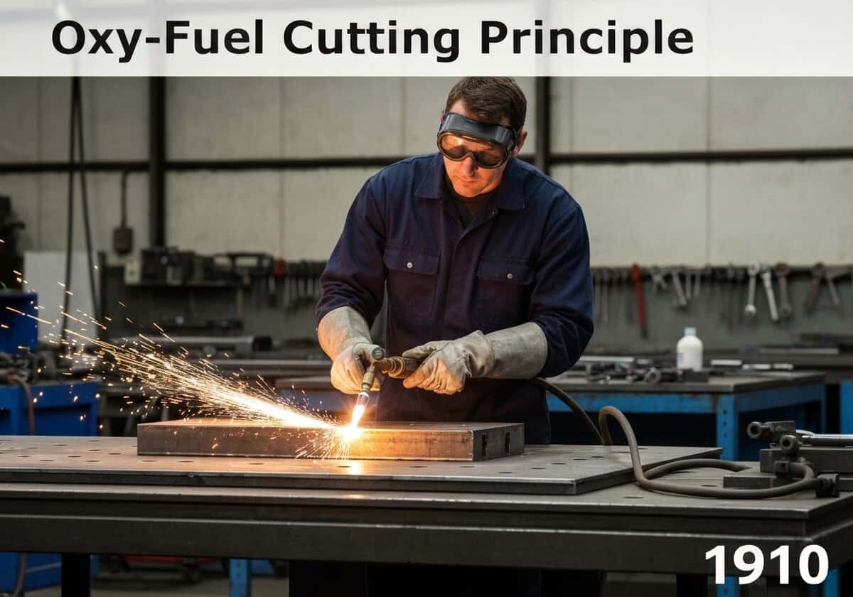 Tecnico che utilizza il cannello ossitaglio nell'officina di fabbricazione dei metalli.