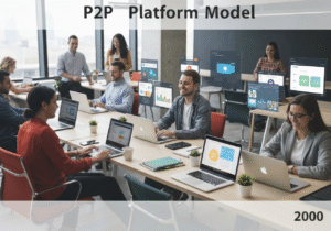 Modern coworking space facilitating peer-to-peer transactions in computer science applications.