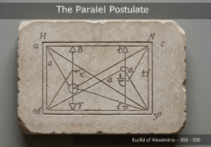 Carved stone tablet with Euclid's Parallel Postulate and geometric diagram.
