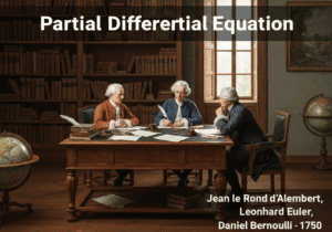 Historical discussion on partial differential equations by mathematicians in an office.