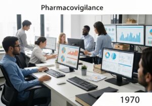 Pharmacovigilance office with professionals analyzing drug safety data and reports.