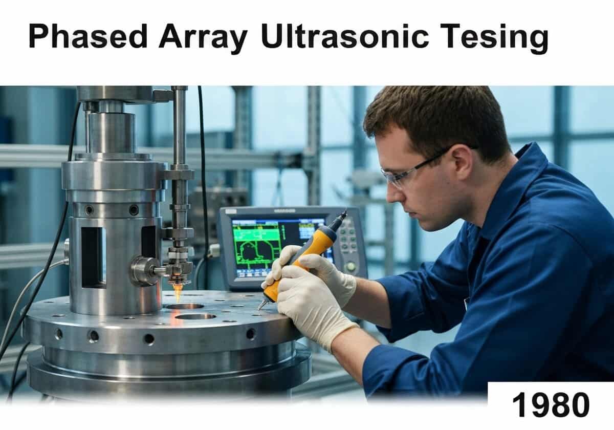 Technician conducting Phased Array Ultrasonic Testing on a metal component in a factory.